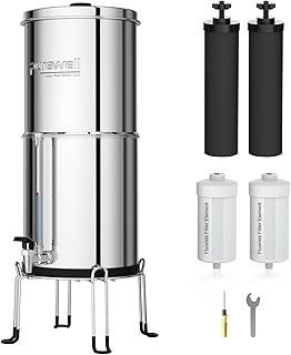 Purewell Schwerkraft-Wasserfilter 8,5L – Edelstahlbehälter mit 4 Filtern (Aktivkohle/Fluorid) Mit transparentem Wasserhahn – Entfernt 99% Fluoride, Chlor & Metalle – Stromfrei