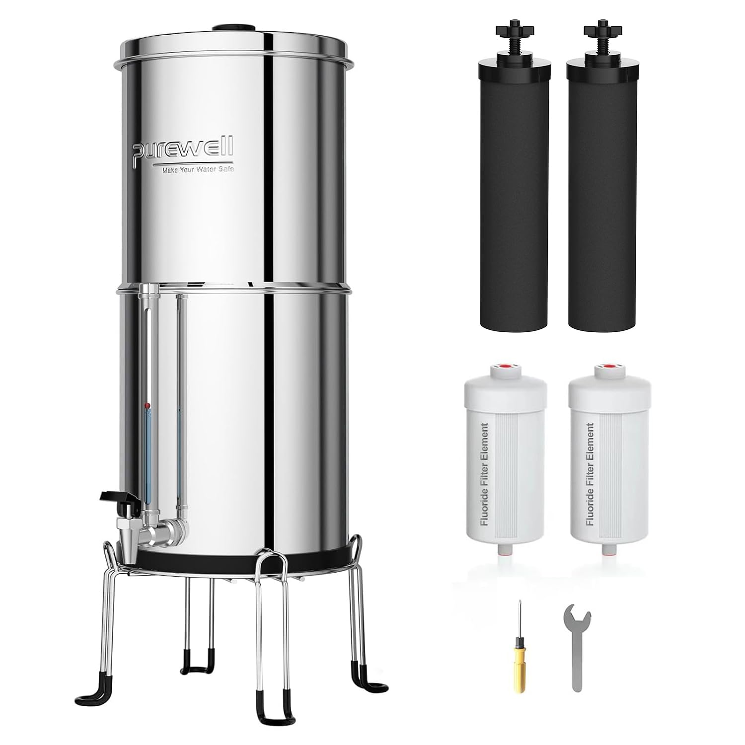 Purewell Schwerkraft-Wasserfilter 11L – Edelstahlbehälter mit 4 Filtern (Aktivkohle/Fluorid) Mit transparentem Wasserhahn – Entfernt 99% Fluoride, Chlor & Metalle – Stromfrei