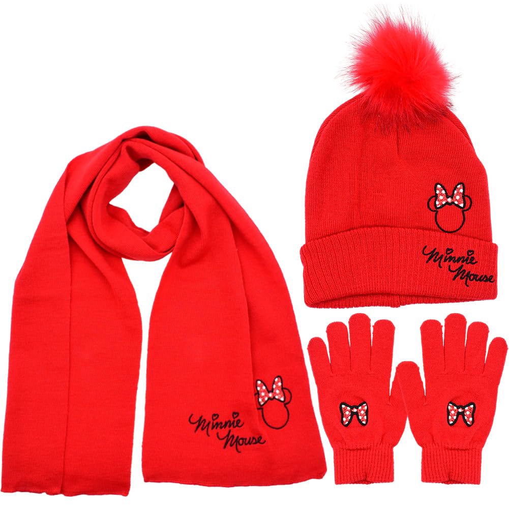 Ksopsdey Froze Minnie Sombrero Guantes Bufanda Niños Invierno Gorro Set Gorro Sombrero de Punto Invierno Cálido con Pompon para Niños Niñas