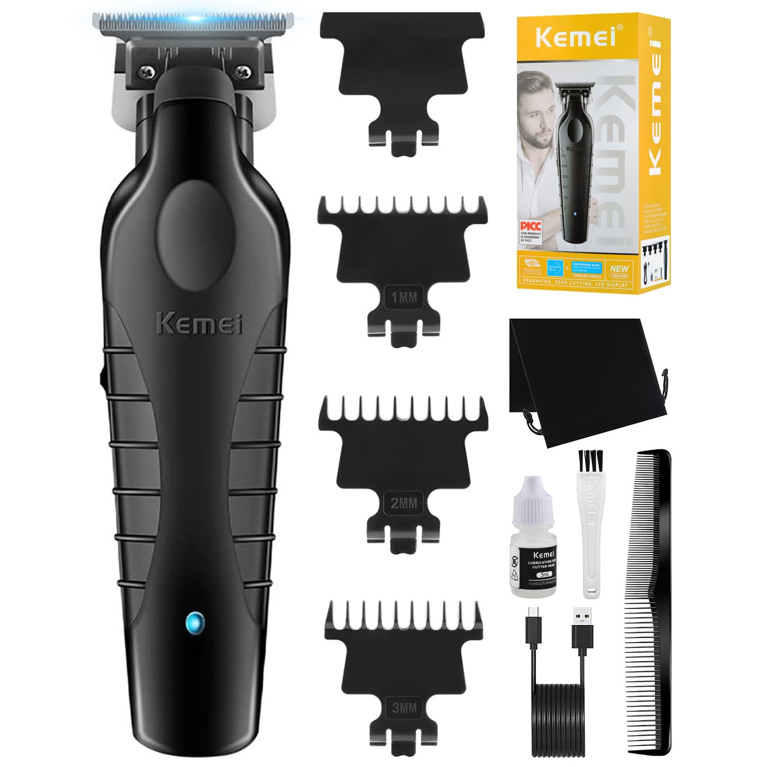 KEMEI 2299 Professional Hair Clipper for Men, Cordless Electric Beard Trimmer Men, Zero Gapped T-Blade Hair Trimmer with 3 Guide Combs
