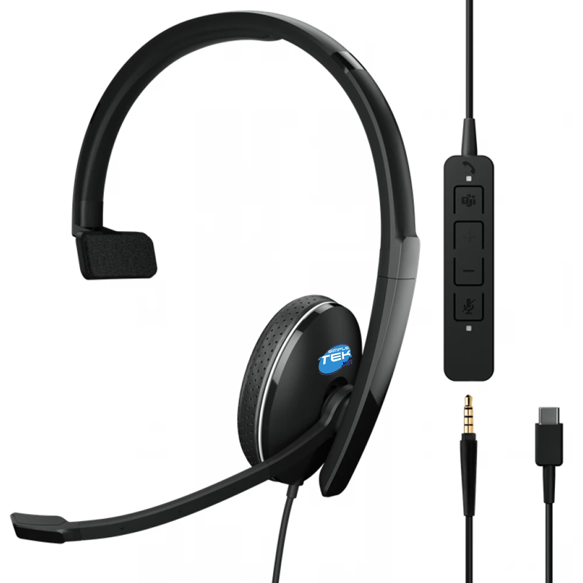 SIMPLETEK - Cuffia monoaurale cablata con microfono a braccio, connettività USB-C e jack da 3,5 mm, ideale per call center e smart working – colore nero