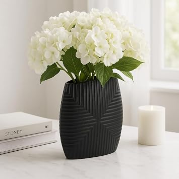 Elegant Ribbed Metal Vase for Living Room Decor and Home Accent - Suitable for House, Shelf Display, and Table Centerpiece - Decorative Flower Vase for Bedroom and Office Decor - 10", Black