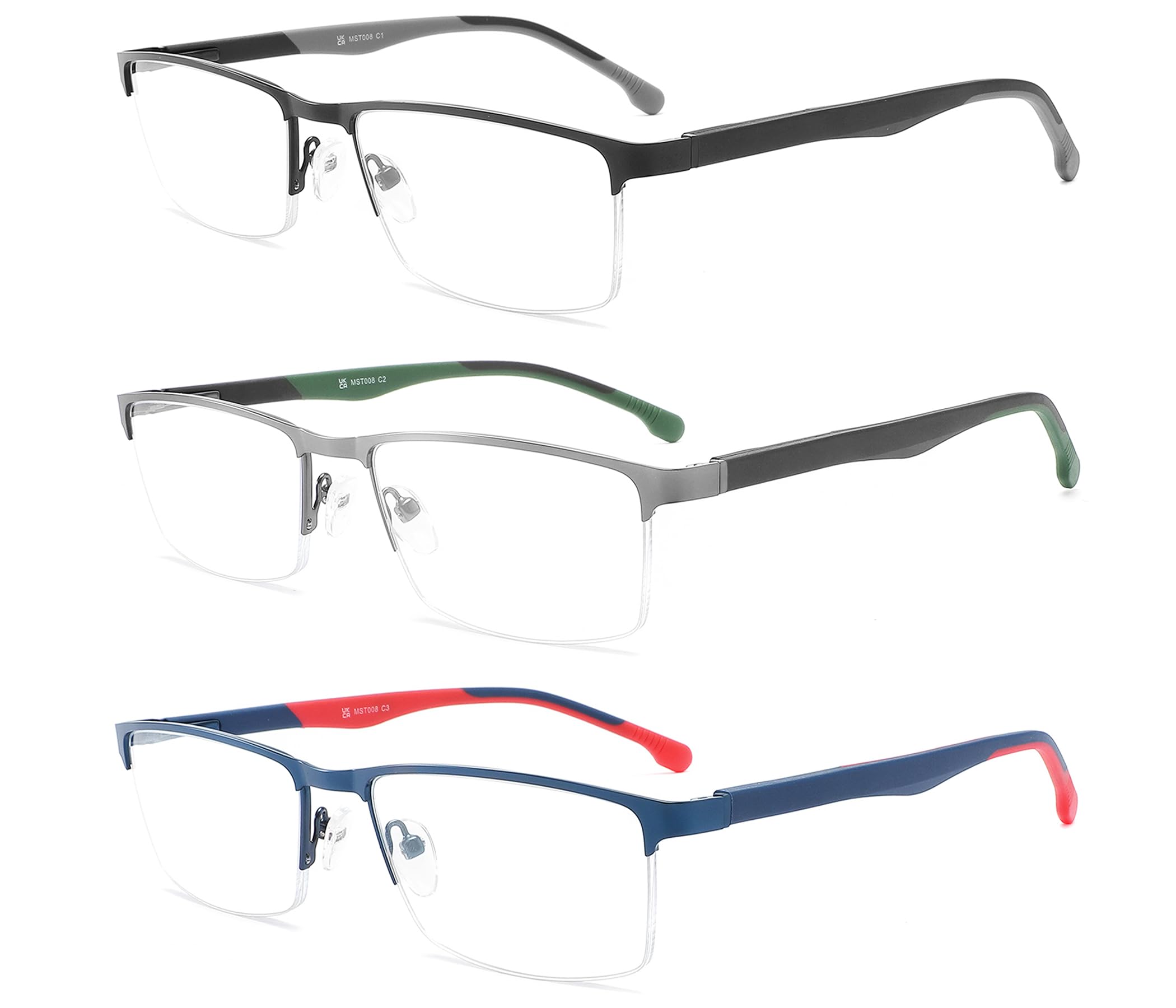 MODFANS Un Pack de 3 Gafas de Lectura Hombres Mujeres Anti Luz Azul,Rectangular Metal Acero Inoxidable - Lente Clara,Vision Clara - Ligeras Comodas,Colores Mezclados