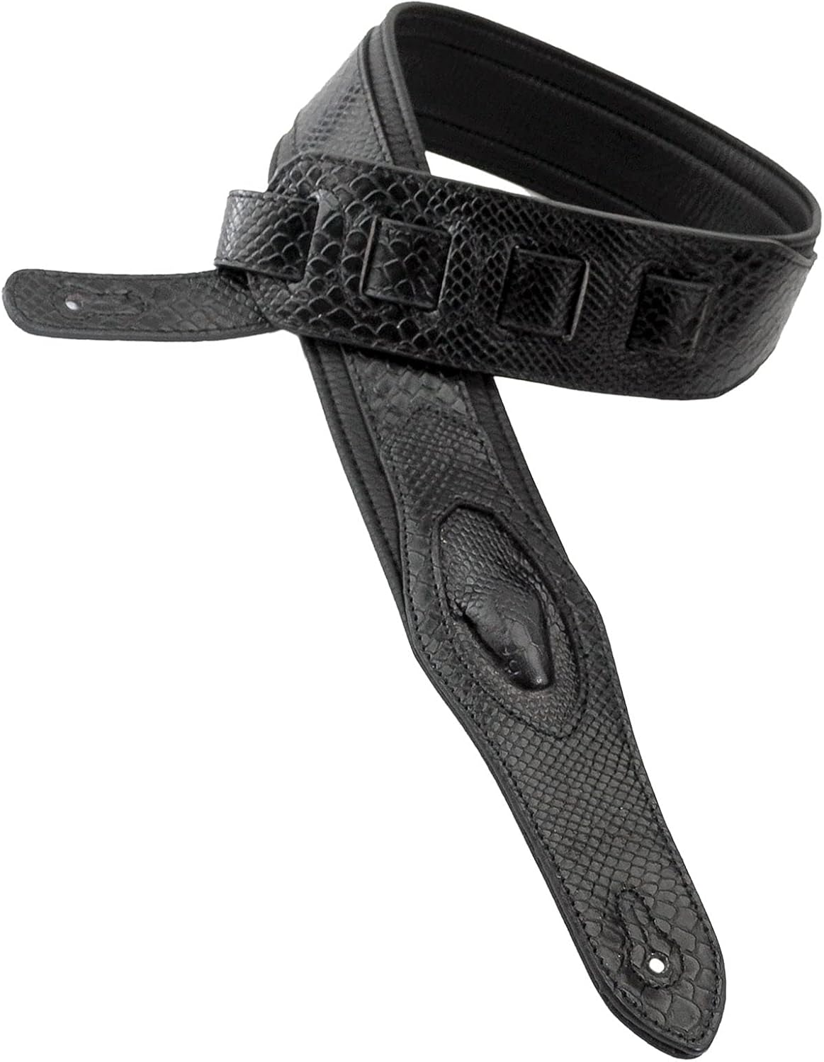 Walker & Williams SF-06 Black Handmade Textured Snakeskin Pattern Padded Guitar Strap with Snakehead Design For Acoustic, Electric, And Bass Guitars