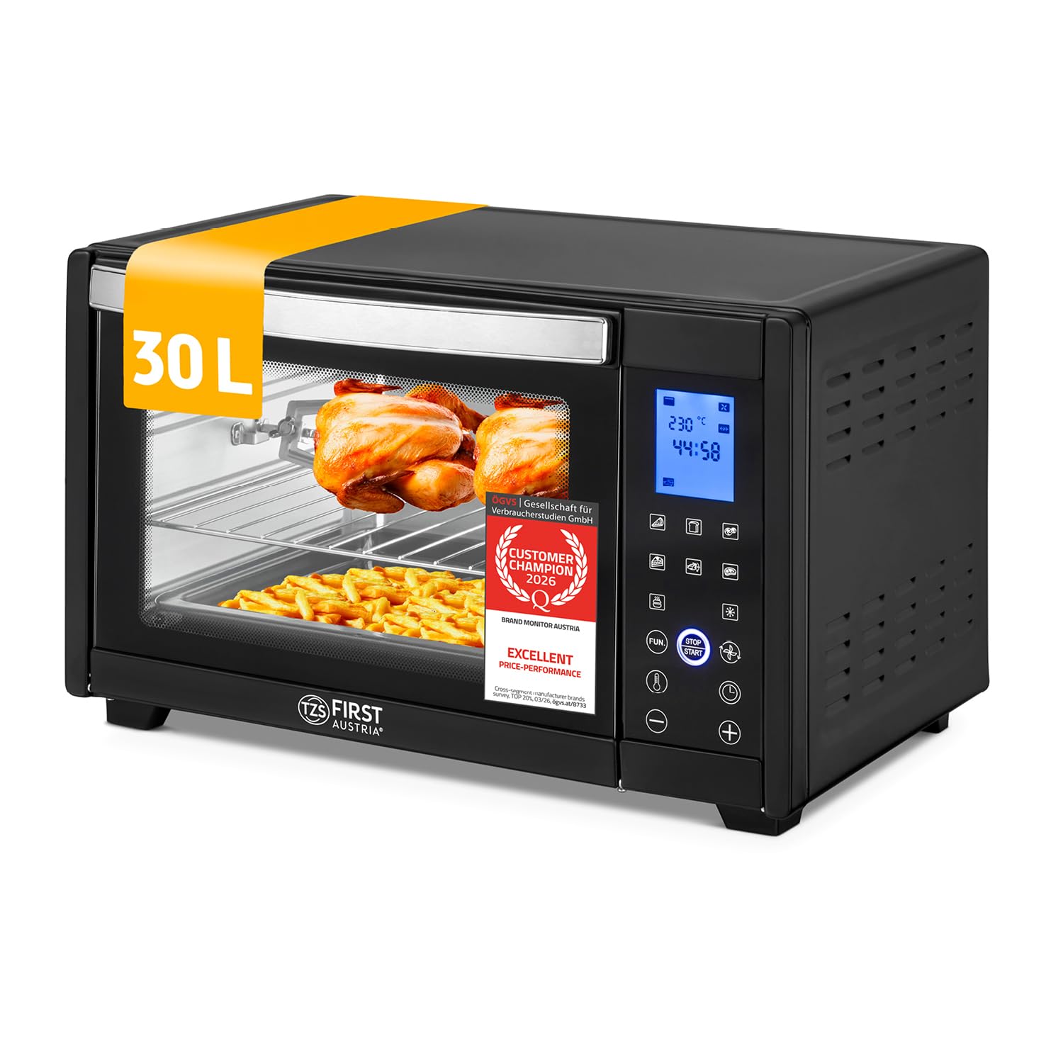 TZS First Austria Mini Forno digitale 30L 1600W Fornetto con regolazione della temperatura fino a 230°C - Con timer di 60 min, 3 altezze di inserimento, teglia e griglia Per cucine piccole e campeggio