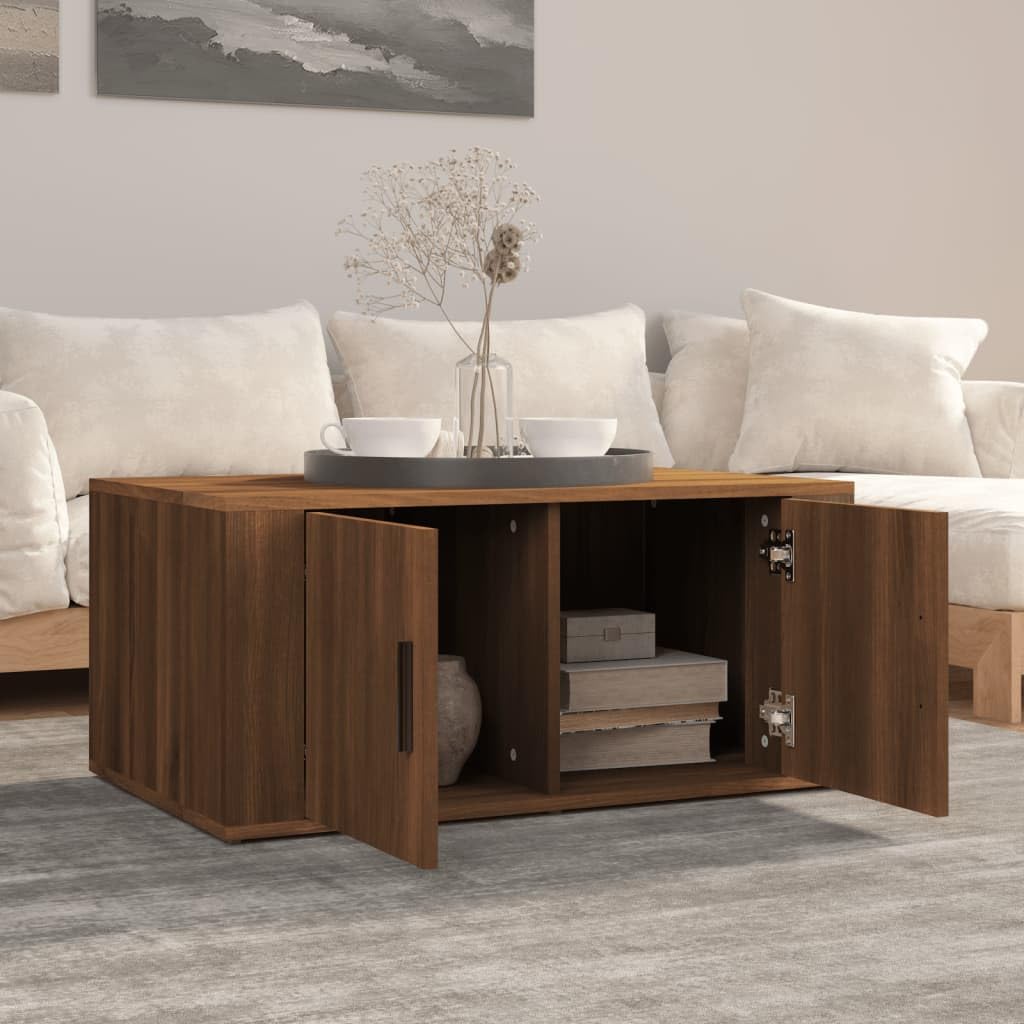 Tavolino da caffè marrone effetto rovere, 80 x 50 x 36 cm, in legno con vano portaoggetti, ripiano, cassetto e porta, per soggiorno, camera degli ospiti, ufficio, corridoio, reception