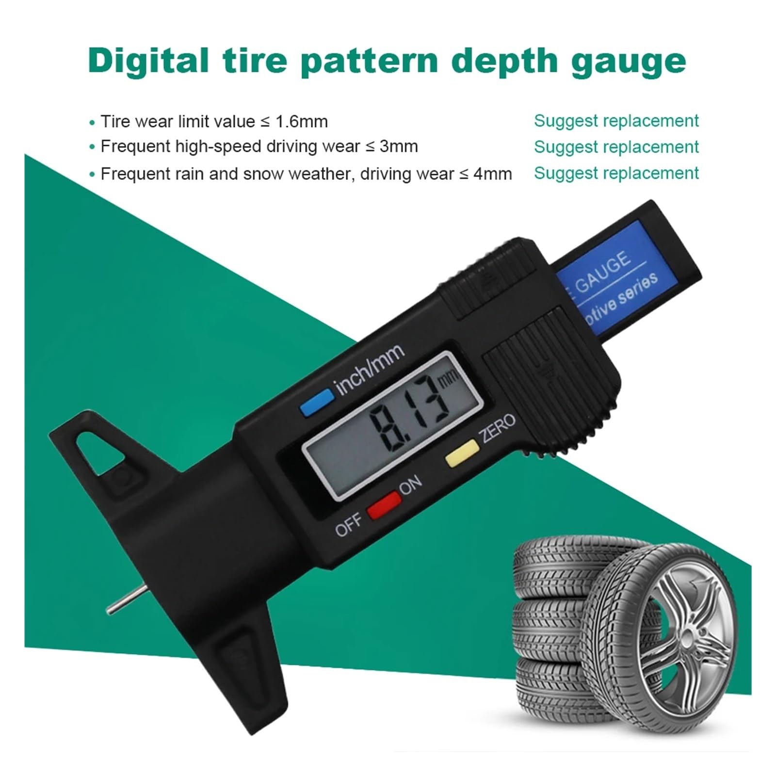 Medidor Digital De Profundidad Banda Rodadura, Neumáticos Coche Con Batería, Pantalla Grande, Detección Desgaste Automóvil, Calibrador Medición MedicióN De PrecisióN(Silver 8PCS)