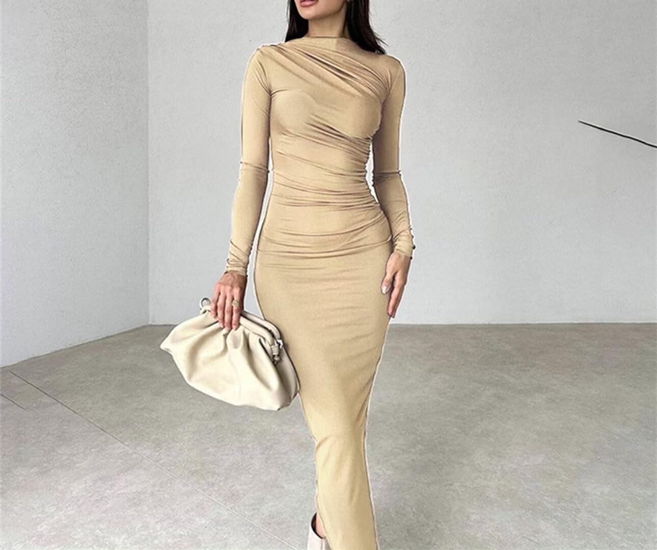 Xuan2Xuan3 Long Sleeve Fitted Bodycon Dresses for Women Curvy Fall Winter Tight Ruched Elegant Party Dinner Formal Dress - Image 4