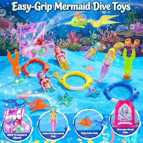 Image of DRAMATION 25 PCS Pool Diving Toys for Kids Ages 3-12 | Mermaid Pool Toys, Dive Toys with Diving Gems and Treasure Chest, Diving Rings, Storage Bag, Water Toys for Boys and Girl