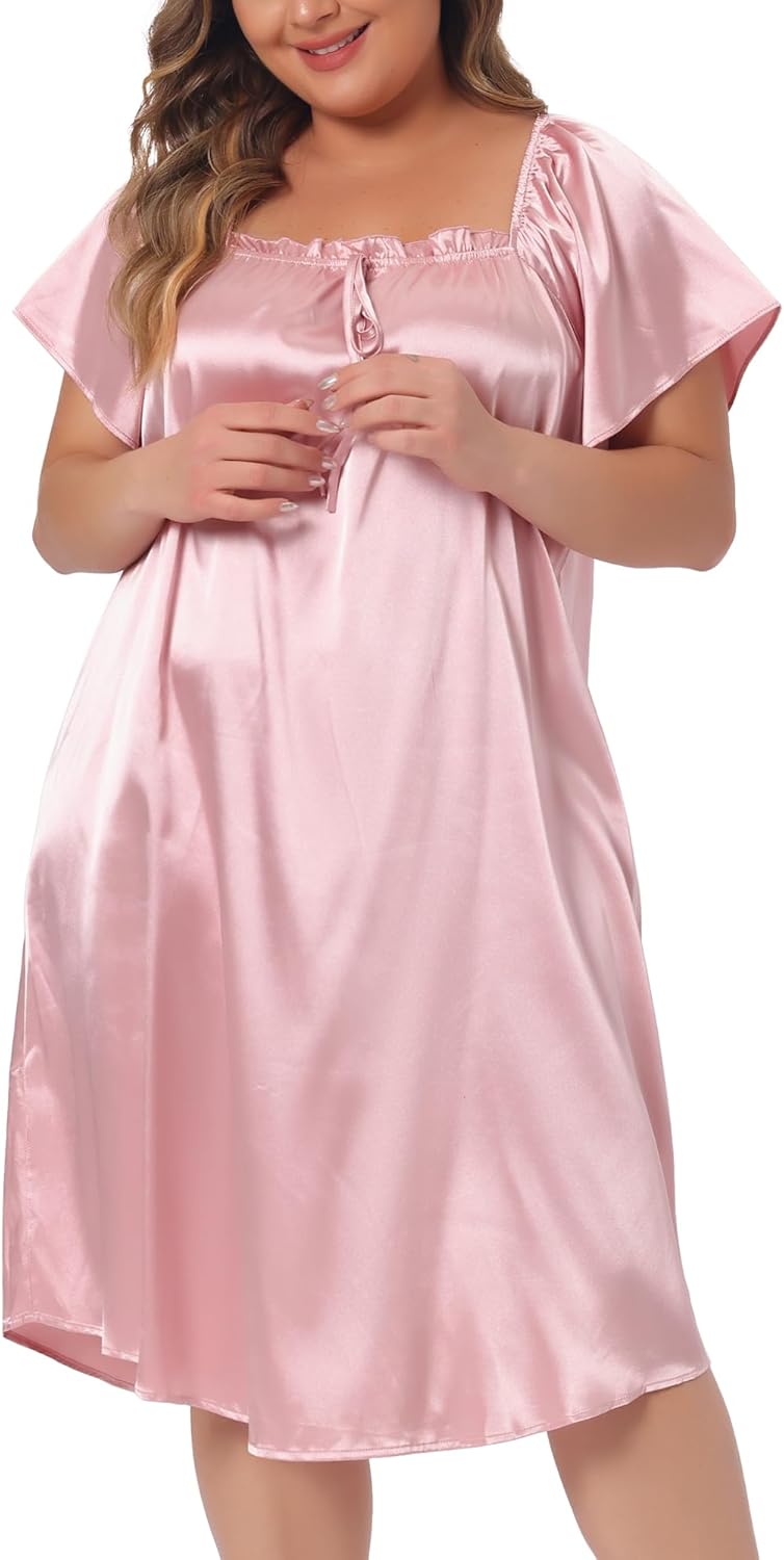 Agnes Orinda Plus Size Satin Silk Nightgown for Women Pleated Loose Sleepwear Nightshirt Sleep Dresses - Image 2