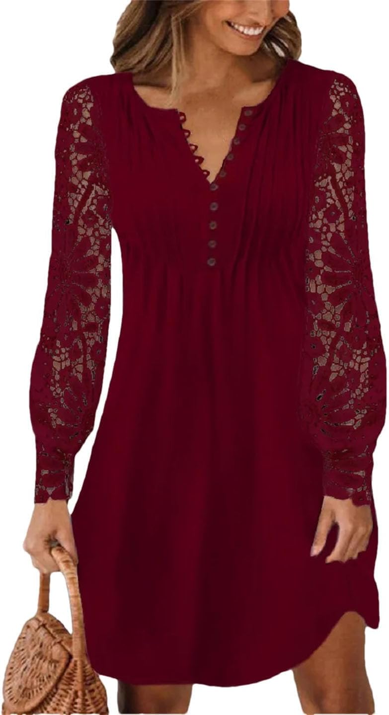 Women Lace Short Dress Long Sleeve Solid Color Dress Bohemian Loose A-LINE Dress