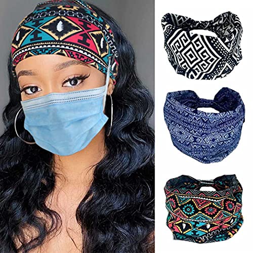 3PCS Women's Bandeau Buttons Wide Headbands for Face Mask Boho Knotted Head Wraps Elastic Ear Savers Headwear African Large Hair Bands for Workout Sports Yoga