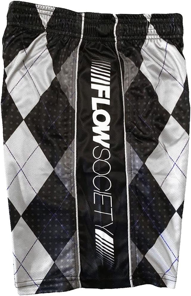Flow Society Black & Silver Argyle Attack Boys Shorts - Kids Athletic - Basketball - Baseball - Hockey - Football - Lacrosse