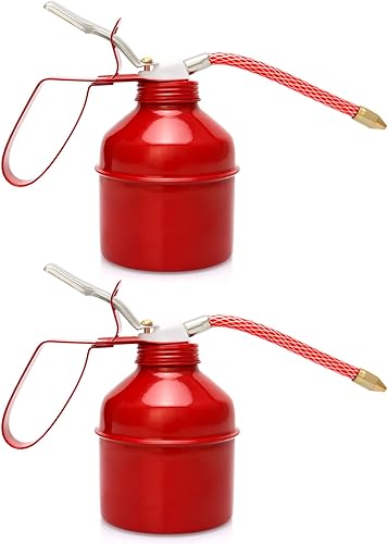 QWORK Lata de aceite, 12 oz (13.5 fl oz) de capacidad para bomba manual, lata de aceite tipo pistola de acero, rojo, tubo flexible, paquete de 2