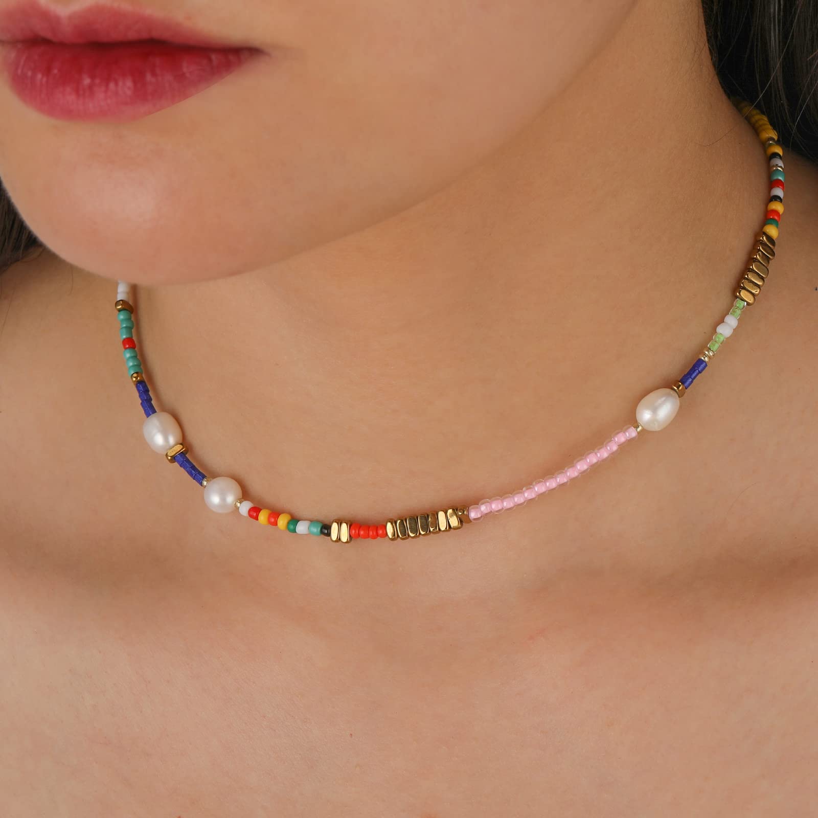 Wellike Freshwater Pearl Beaded Necklace for Women Handmade Boho Colorful Glass Beads Choker Necklace Stainless Steel 18K Gold Plated Bohemian Women Summer Jewelry Gifts