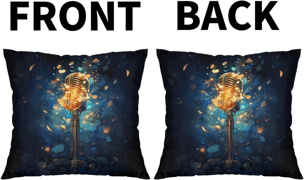Musical Microphone Pillow Covers 18 x 18 Inch Set of 2, Throw Pillow Covers Set Cushion Case Decorative Square Linen Pillowcases for Sofa Bed Couch Living Room Car