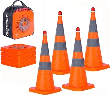 70 cm 28" Collapsible Traffic Cones with LED Warning Light 4 Pack - Reflective Pop Up Road Cones with Storage Bag, Safety Cones for Car Breakdown & Parking