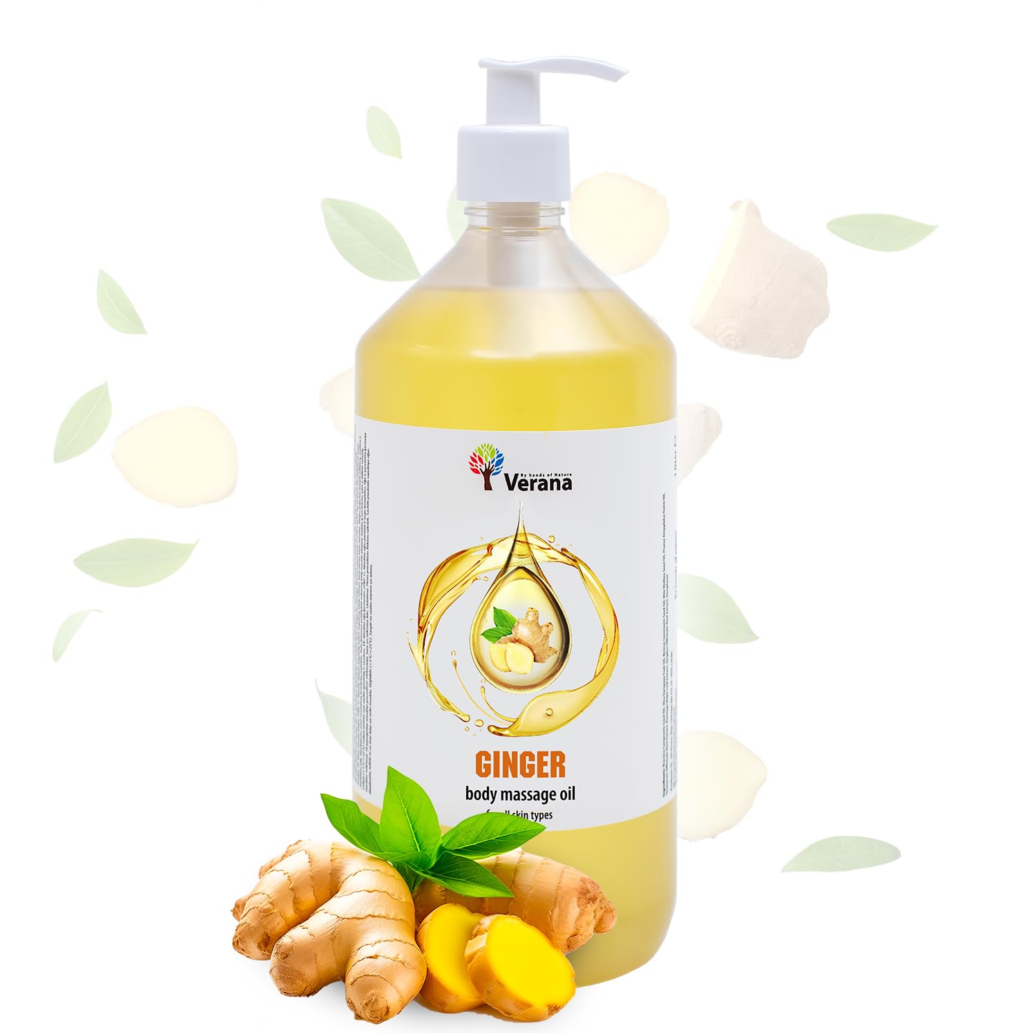 Verana Aceite de Masaje Jengibre, Natural, Eficaz en programas de Modelado Corporal, Anticelulítico, Reduce las Arrugas, Rejuvenecedor, Efecto Calorífico, Aromaterapia (1L)