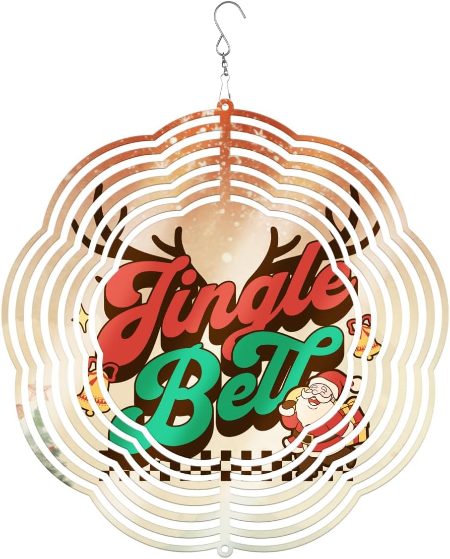 Jingle Bell Santa Claus Christmas Wind Spinners 3D Stainless Steel Laser Cut Metal Double Sided Printing-Hanging Indoor/Outdoor Decorations Yard Gardening Decor,Metal Kinetic Art 16x16 inches