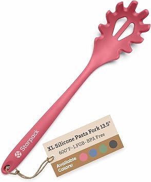 Starpack XL Premium Silicone Pasta Fork 13.5" - Spaghetti Spoons High Heat Resistant to 600F - Silicone Pasta Spoon Strainer - Server Spoon with Teeth - Server Utensil for Pastas