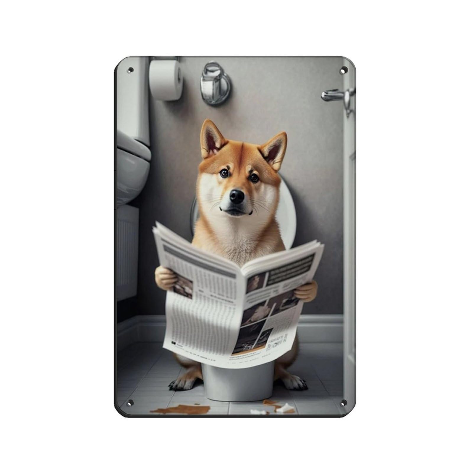 Shiba Inu Sitting on The Toilet Reading A Newspaper Tin Sign Vintage Metal Pub Club Cafe Bar Home Wall Art Decoration Poster Retro 8x12inch(20x30cm)