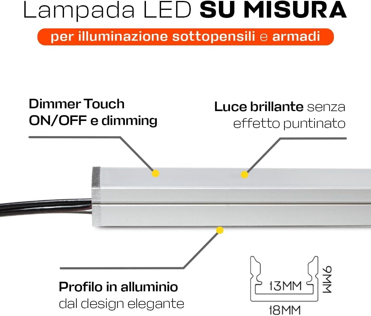 Barretta a Led su misura con dimmer touch per sottopensili - Personalizzabile da 30cm a 200cm con luminosità regolabile (120 cm, Luce Calda 3000K)