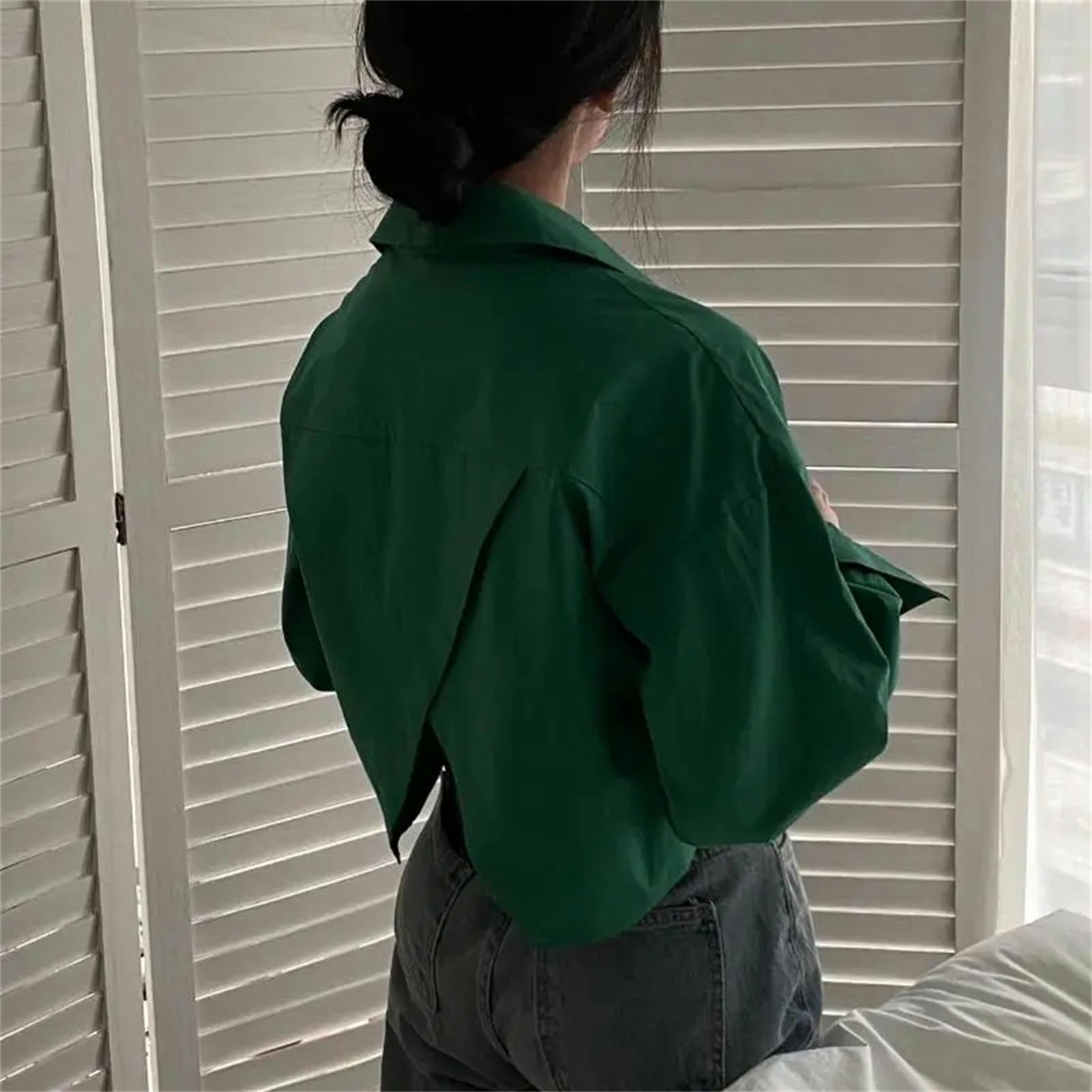 Camicia Donna Elegante Camicie Donna Semplice Baggy Solido all-Match Manica Lunga Chic Crop Tops Elegante Tempo Libero-Verde-XXXL