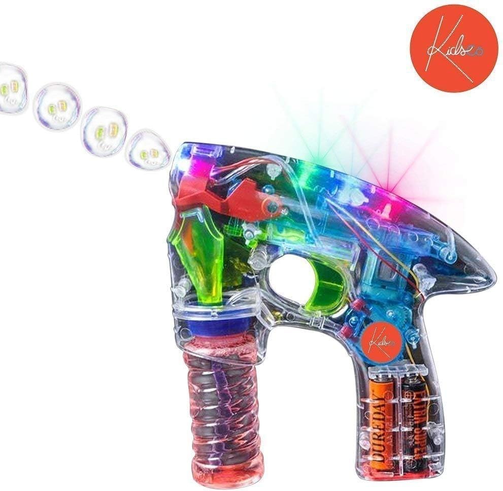 Kicko Bubble Gun Blower Machine - Light-up LED Transparent Blaster - for Kids, Playing, Outdoors, Indoors, and Party Favors - 1 Bubble Solution and Batteries Included