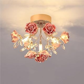 Lámpara techo cristal con diseño floral porcelana moderna, regulable, con 3 colores cambiantes, base G9, ideal for dormitorio niñas, guardería y sala estar, color azul.