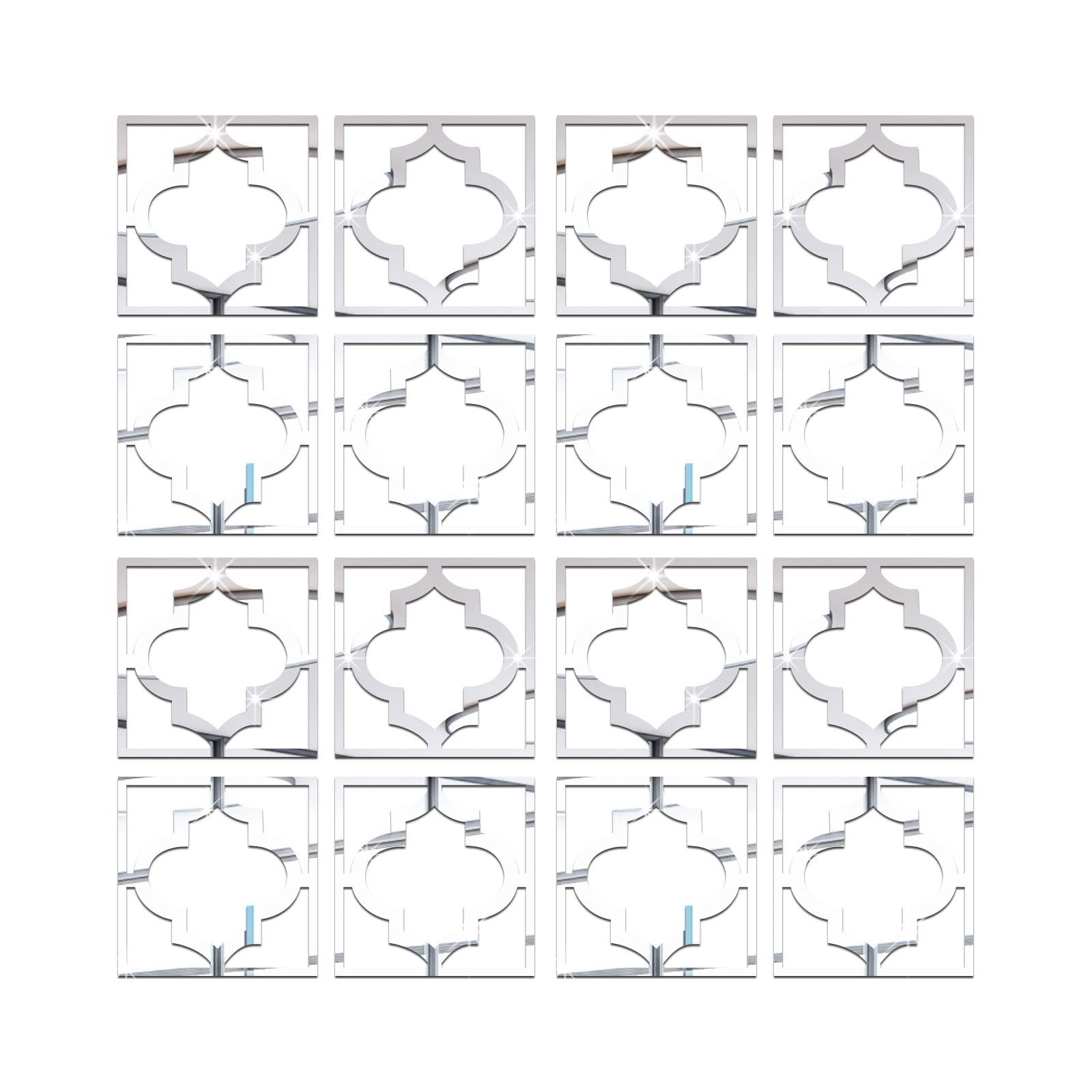 Melairya 16pcs Plastic Flower Pattern Mirror Stickers, Floral Border Mirror Sticker Hanging Decorative Tiles for Furniture Cabinets Decor (Color : Silver, Size : 27x27cmx16pcs)