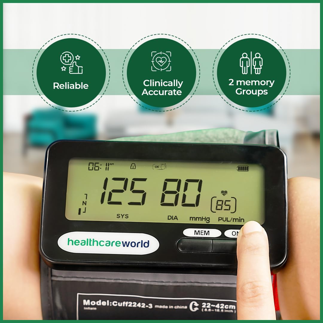 Healthcare World Monitor de presión arterial recargable para uso doméstico, puño ajustable y pantalla LCD brillante para personas mayores, 20 grupos de memoria, inflado automático, monitor de presión