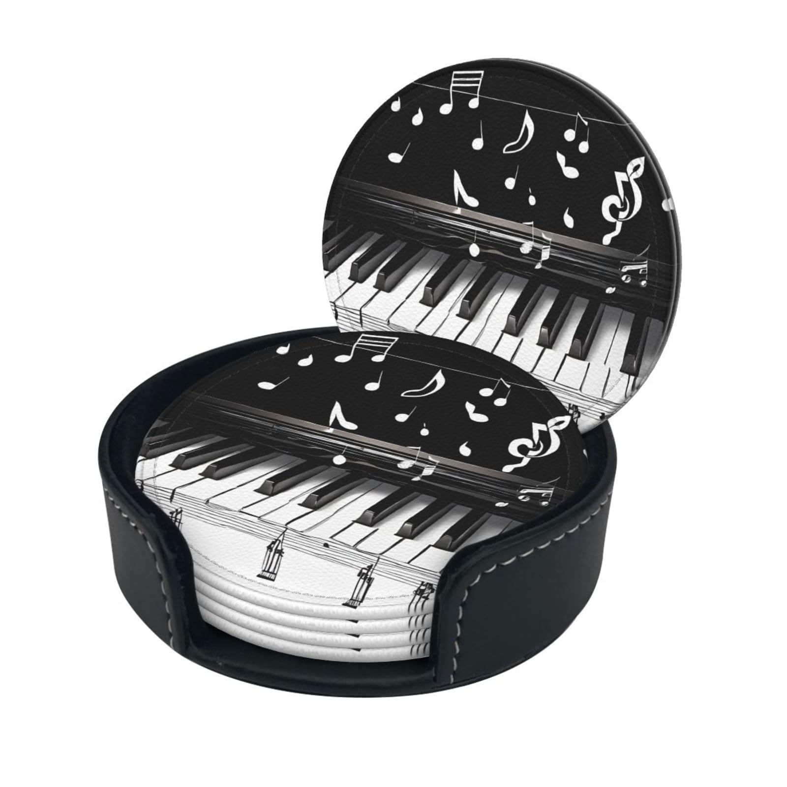 Black White Music Note Print Coaster,Round Leather Coasters with Storage Box for Wine Mugs,Cold Drinks and Cups Tabletop Protection (6 Piece)