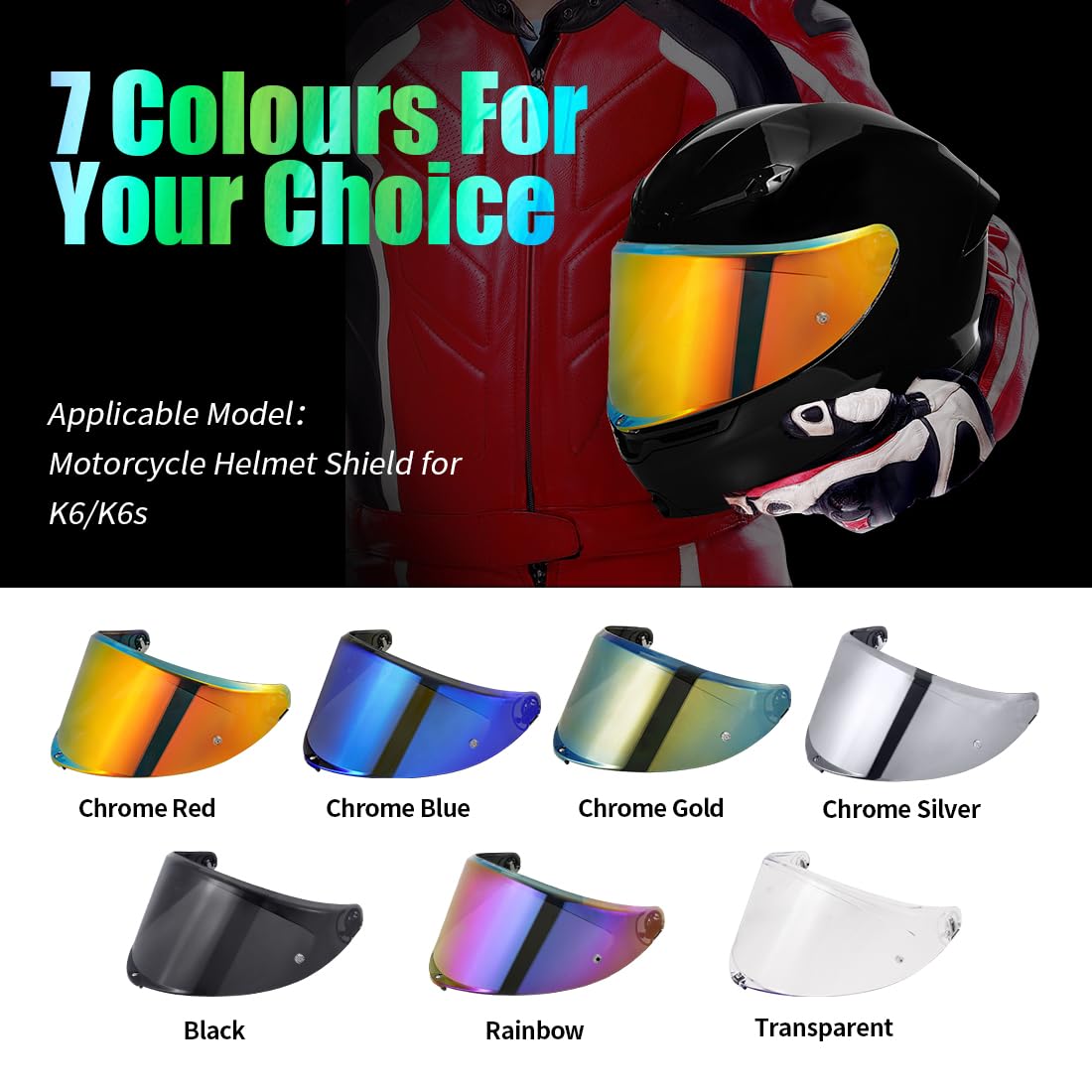 Motorradhelm Visier,Motorrad Windschutzscheibe Helm Visier für K6/K6s,Helm Visier mit Anti-Beschlag-Nagelbefestigung,Helmlinsenvisier Motorradhelm Zube（Chrom Rot）