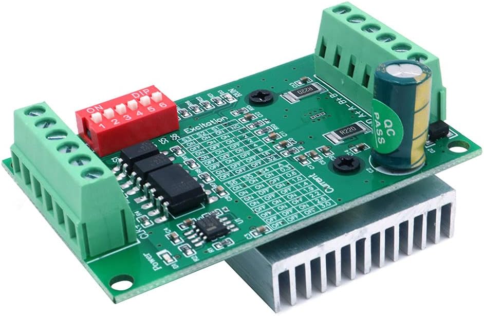 Angled view of the driver board showing DIP switches for current and excitation settings