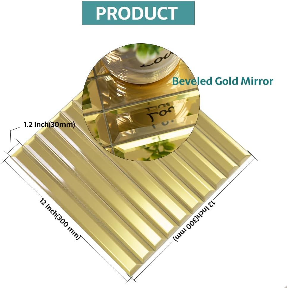Gold Beveled Mirror Tile, 12x12 Inch Mirror Strip Backsplash Tiles for Kitchen Bathroom Shower Wall 5 Sheets