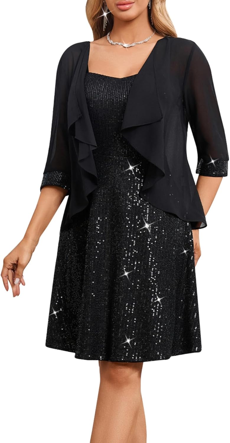 Cololura Two Piece Women's Sequin Dress-Elegant Sleeveless Cocktail Bodycon Party Evening Gown Dress with Jackets