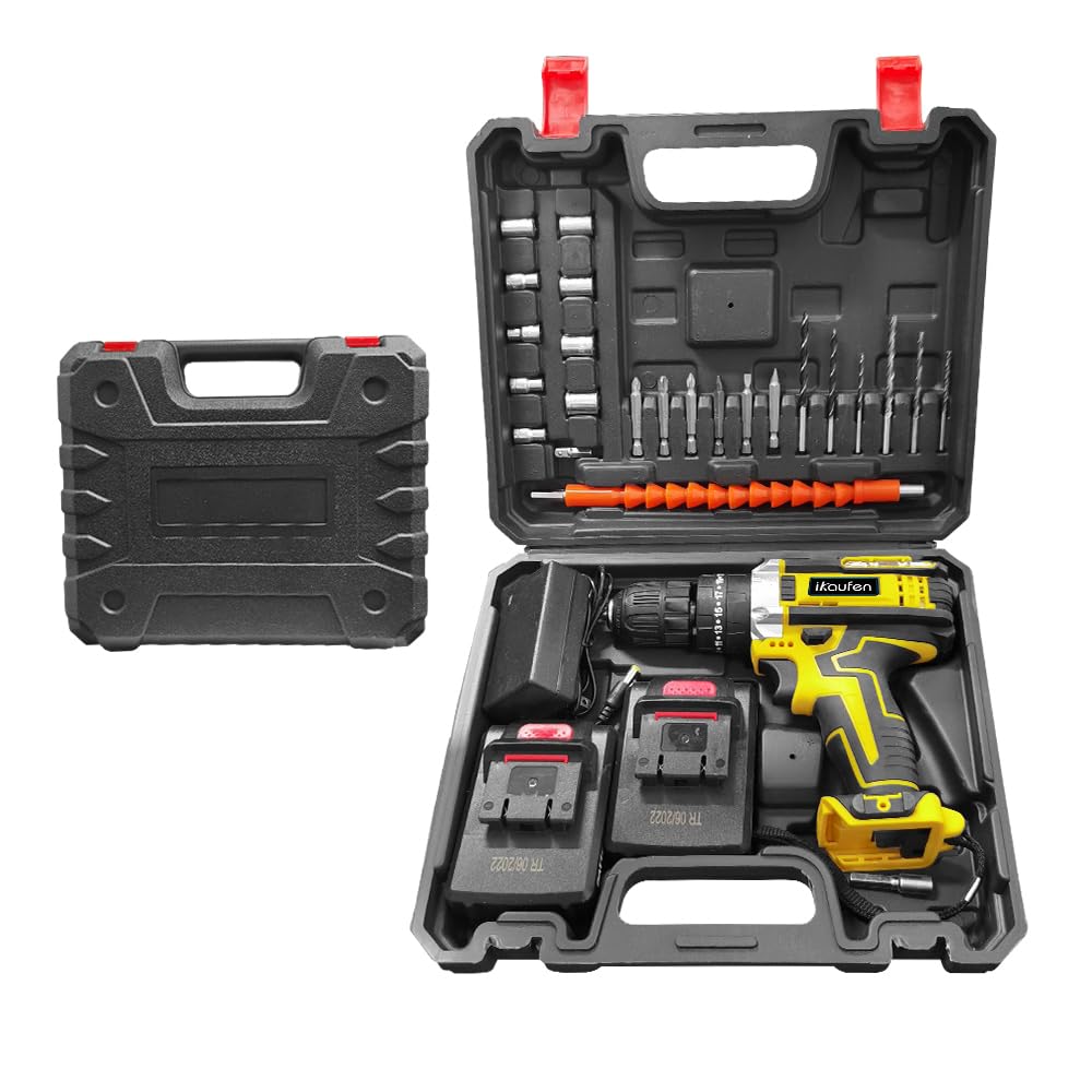 Cordless Drill Driver, 21V Electric Drill Screwdriver Kit with 25+1 Torque, 2 Speed with 2 Batteries 2.0Ah, LED Light Cordless Combi for Home and Garden DIY Project (Yellow-1)