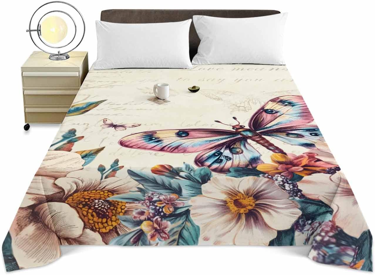 King Size Top Sheet Only, Pastoral Colorful Floral Butterfly Flat Sheet Microfiber Breathable Soft Bed Sheet, Vintage Rural Leaves Hotel Luxury Bedding Flat Sheets for Bedroom