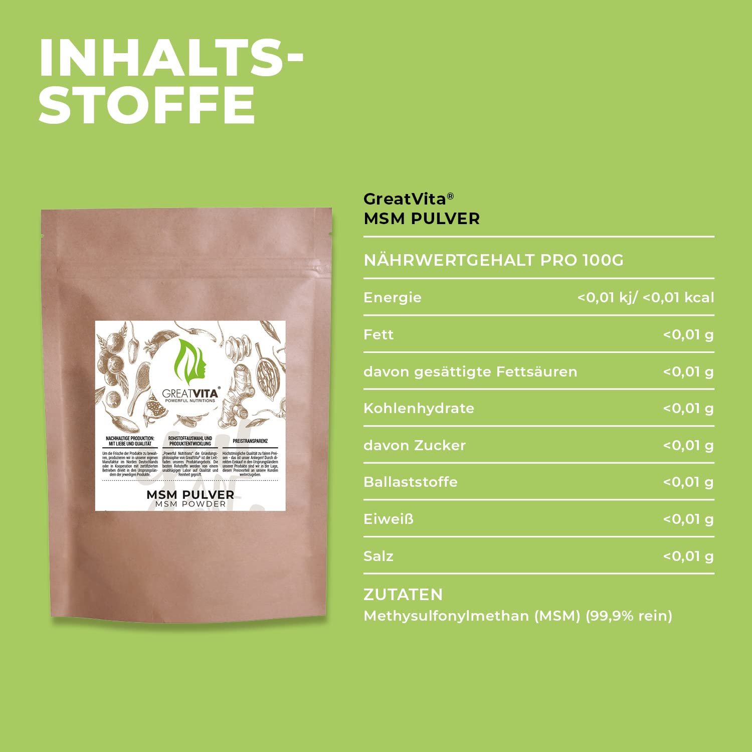 MSM Polvo 6 x 1000 g | 99,9% puro - metilsulfonilmetano, azufre orgánico sin aditivos | libre de OGM, libre de sabores artificiales y gluten, ideal para alimentos fríos y bebidas