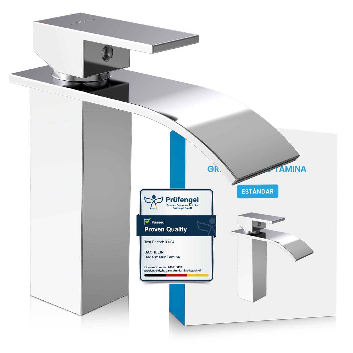 Bächlein Grifo de baño con diseño de cascada - Grifo monomando con cartucho de cerámica duradero y kit de montaje - Cromo