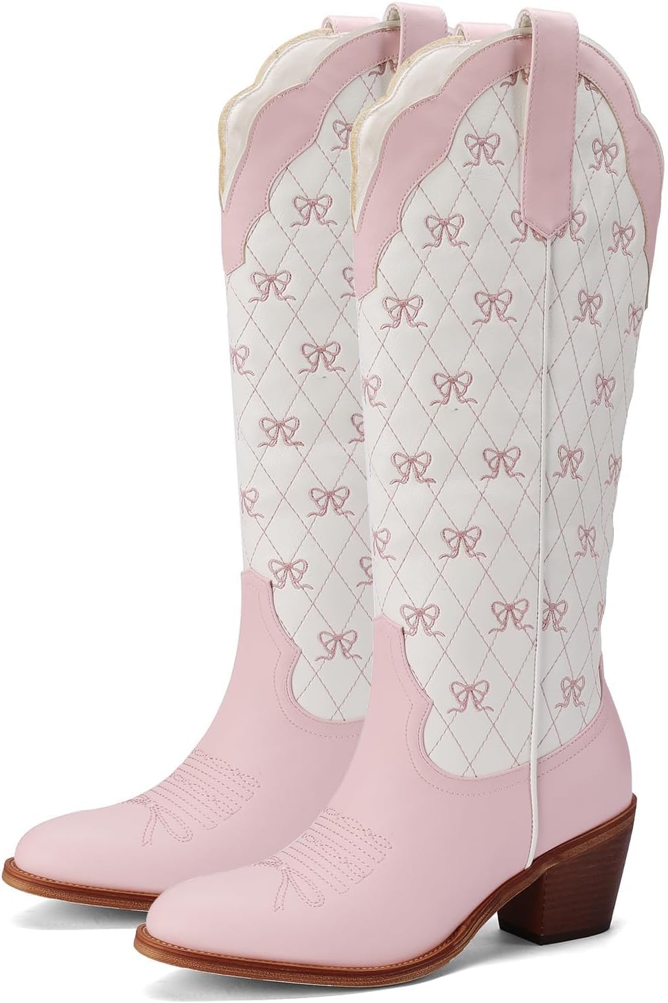 Cowboy Boots with Bow Knee High Embroidered Cowgirl Boots for Women Chunky Heel Pointed Toe Western Boot with Pearl for Dressy Party Country Night