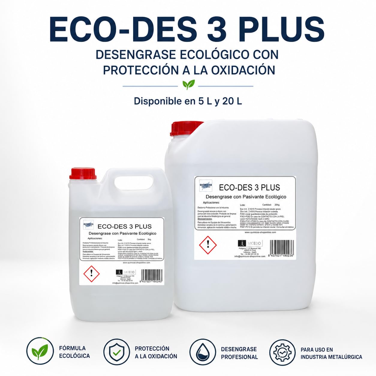 ECO-DES 3 PLUS 20 L, Desengrasante Ecológico con Pasivante para Piezas Metálicas, Uso Directo, Protección frente a la Oxidación, Ultrasonidos e Inmersión.