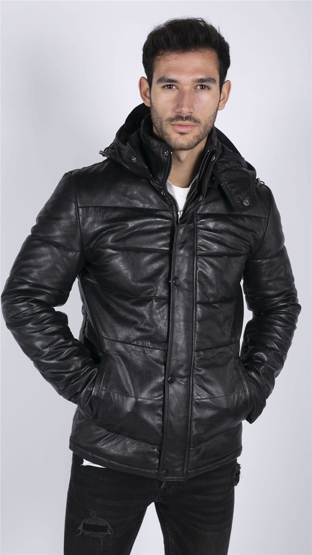 TruClothing.com Herren Puffer Steppjacke Echtleder Schwarz Casual Retro 80er Classic