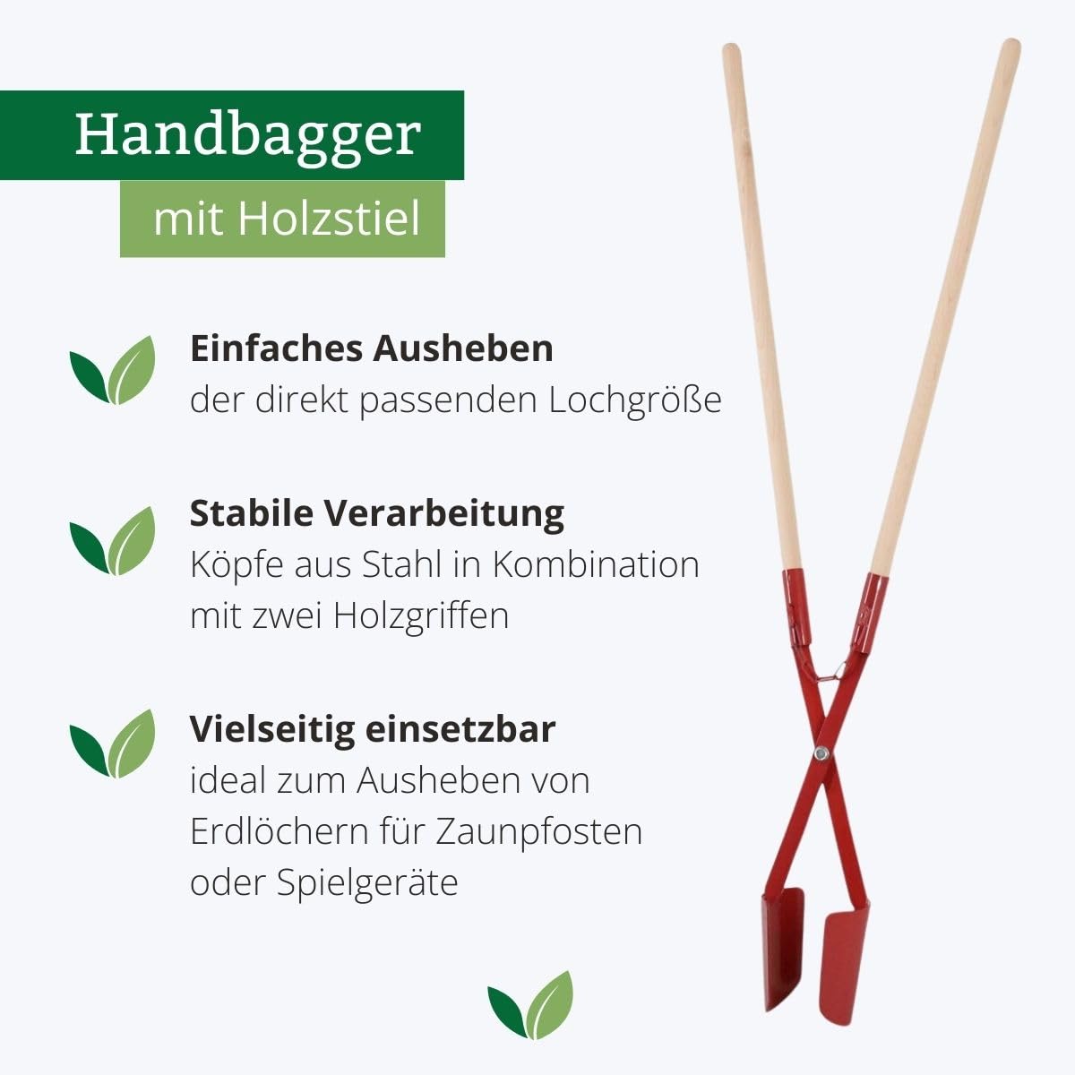 Handbagger aus Stahl mit Holzstiel 162 cm – Erdlochausheber für Pflanzlöcher & Zaunpfosten