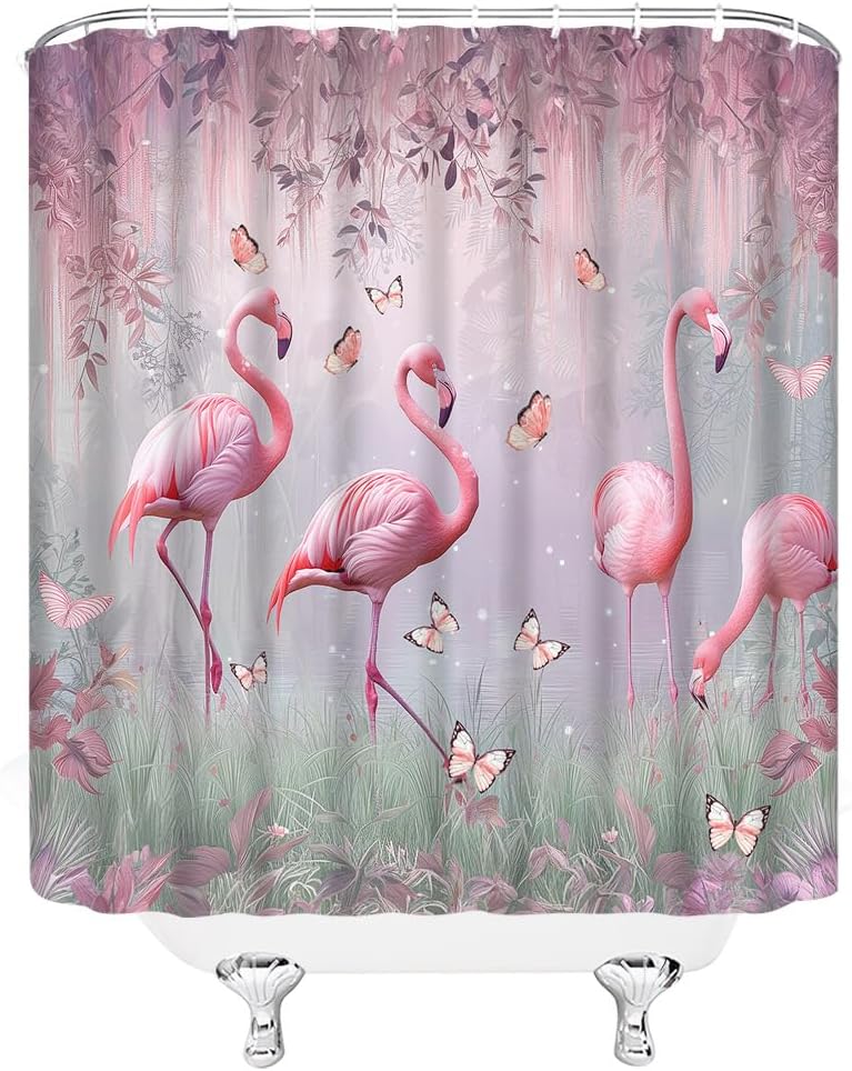 Flamingo Shower Curtain Pink Floral Butterfly Tropical Forest Wildlife Flamingo Bird Dreamy Nature Scenery Bathroom Decor Fabric Curtain with Hooks, 6770GB-180x243