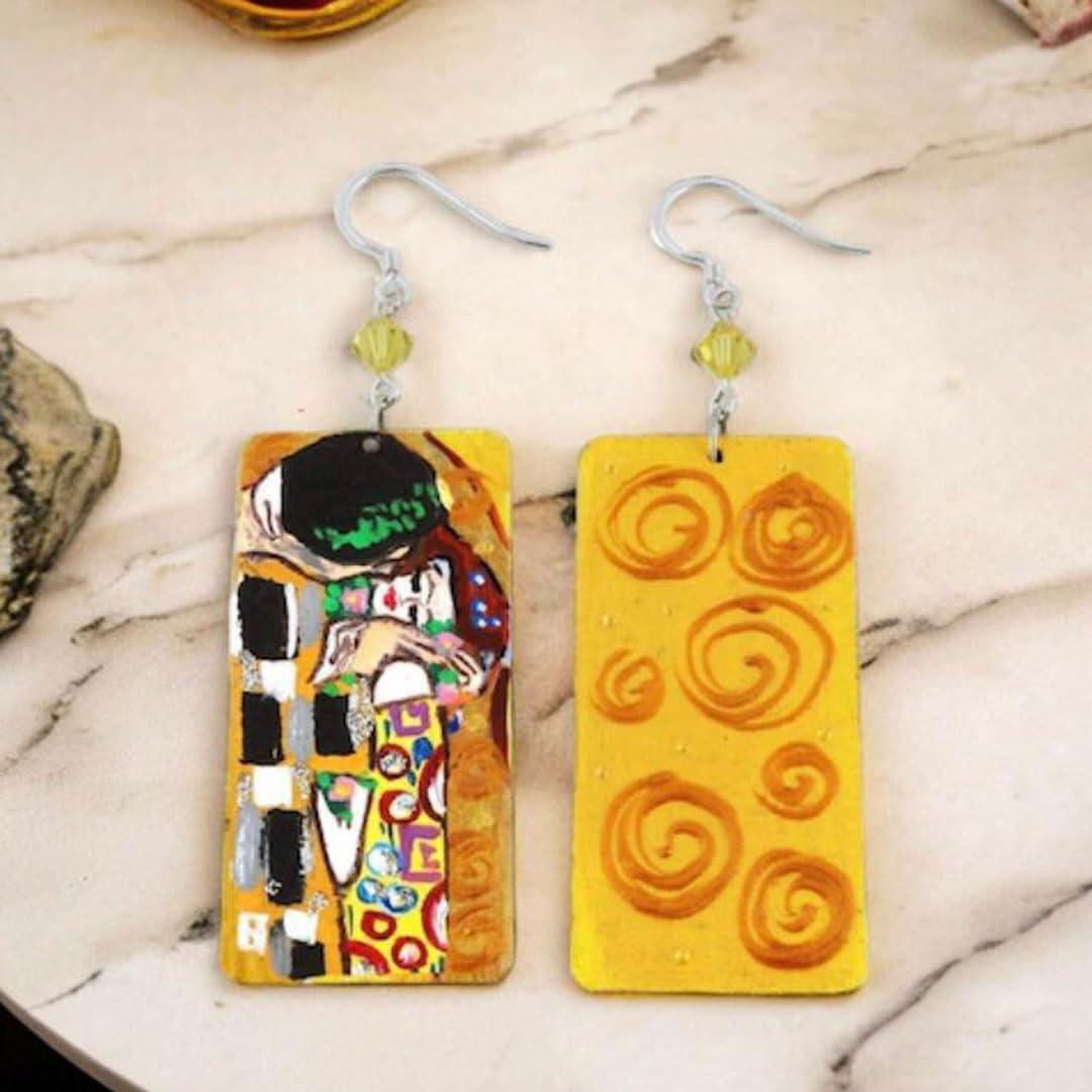 Boucles d'oreilles peintes à la main - LE BAISER DE GUSTAV KLIMT - Boucles d'oreilles pendantes pour femme, Bijoux en bois peints à la main, Crochet en argent, Fabriqué en Italie, Bijoux pour femmes