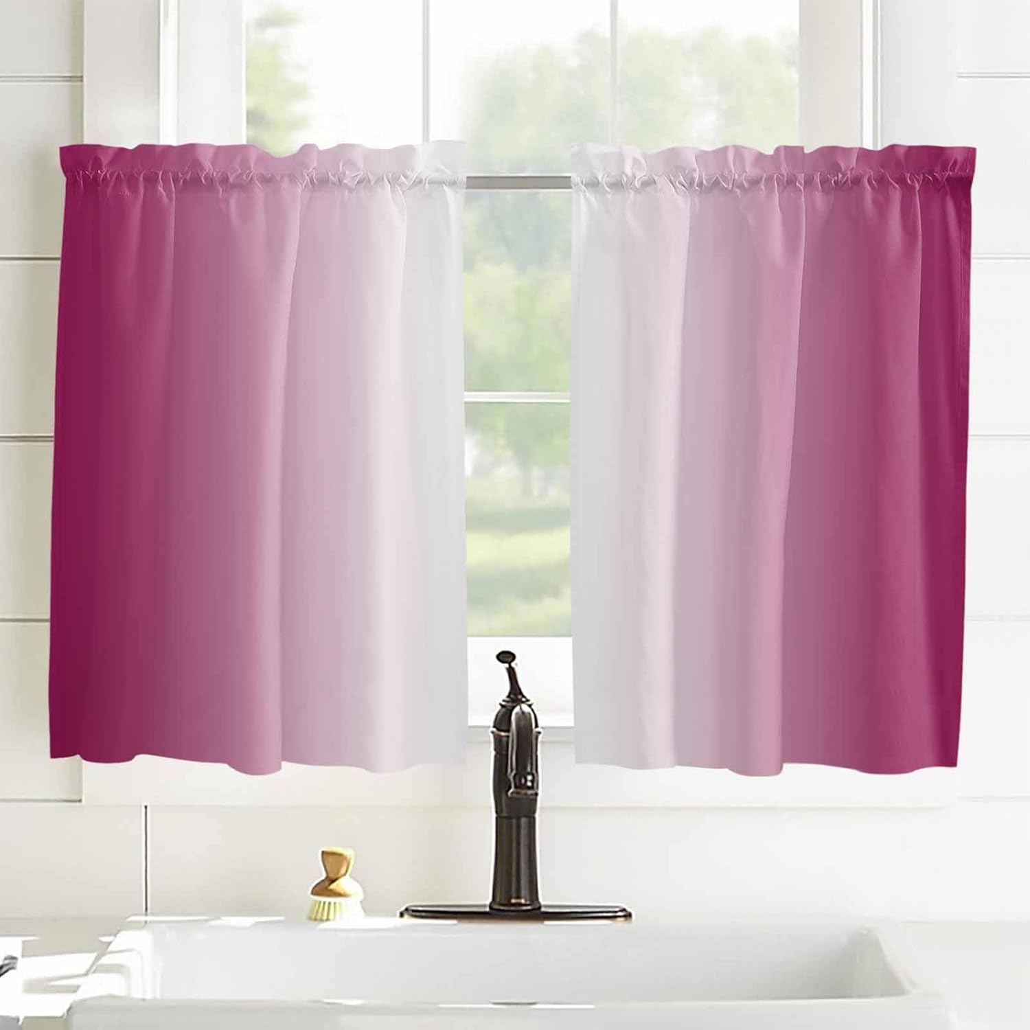 Rose Red Ombre Kitchen Curtains, Pink White Gradient Modern Abstract Art Light Filtering Window Curtain Panels, 2Pcs Rod Pocket Window Treatments Set for Cabin Bathroom Bedroom 52x45 Inches