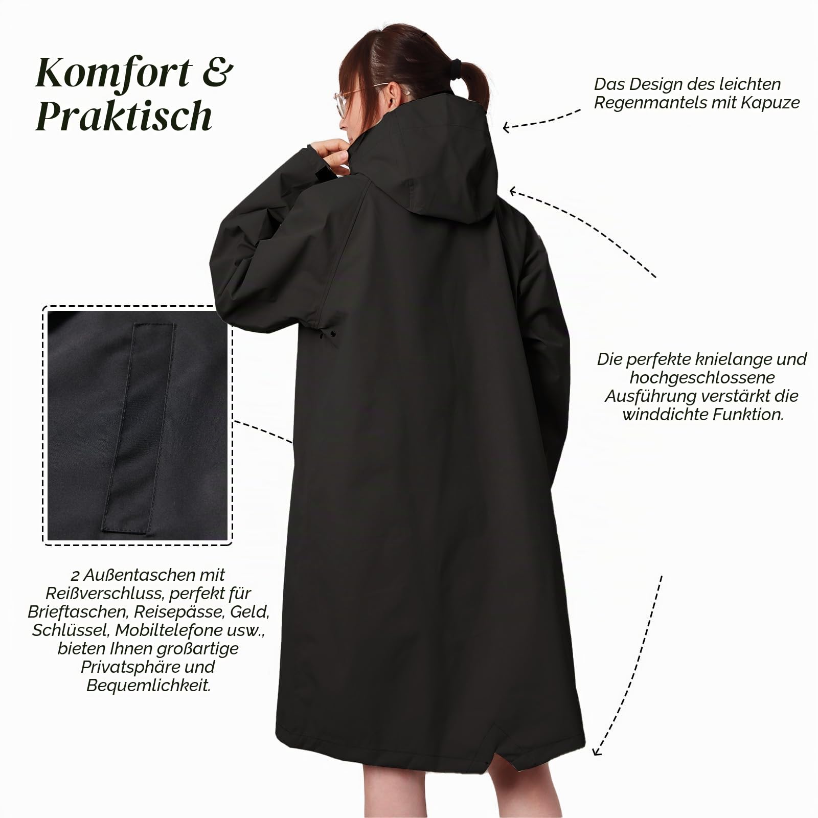 Regenjacken für Frauen Leichter Wasserdichter Regenmantel Lange Regenmäntel mit Kapuze Outdoor Windbreaker Travel Trenchcoat Packable Regenbekleidung