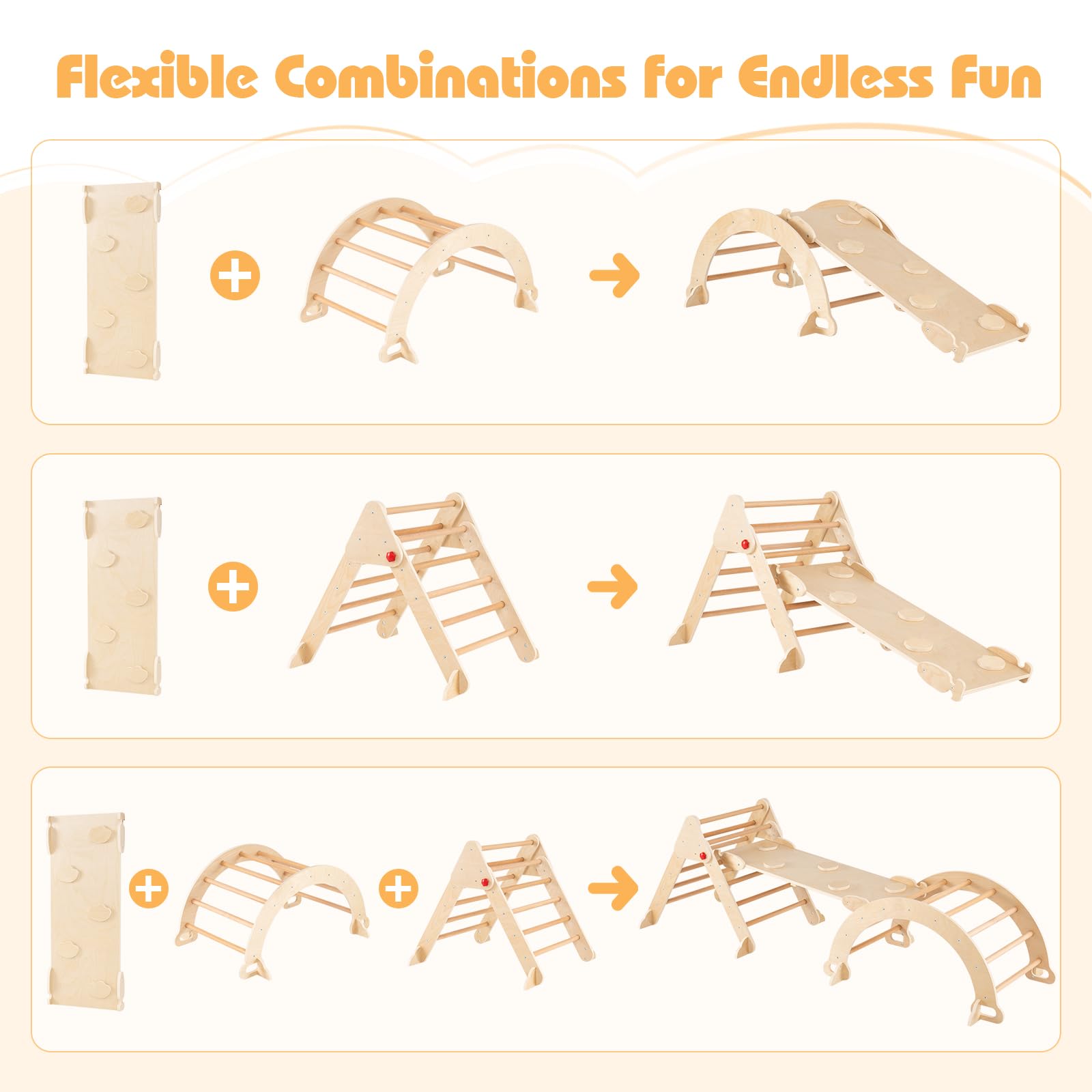 FANTASK Triangolo da arrampicata 4 in 1 con scivolo, arco da arrampicata, rampa a doppia faccia, struttura in legno per arrampicata, scivolo e altalena, montessori triangolo per i 3 anni (naturale)