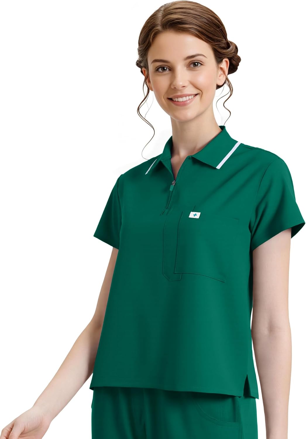 Medical Scrubs Uniform for Women - Cropped Zip-Front Polo Tops & Straight Leg Pants with 8 Pockets, Easy Care - Image 4